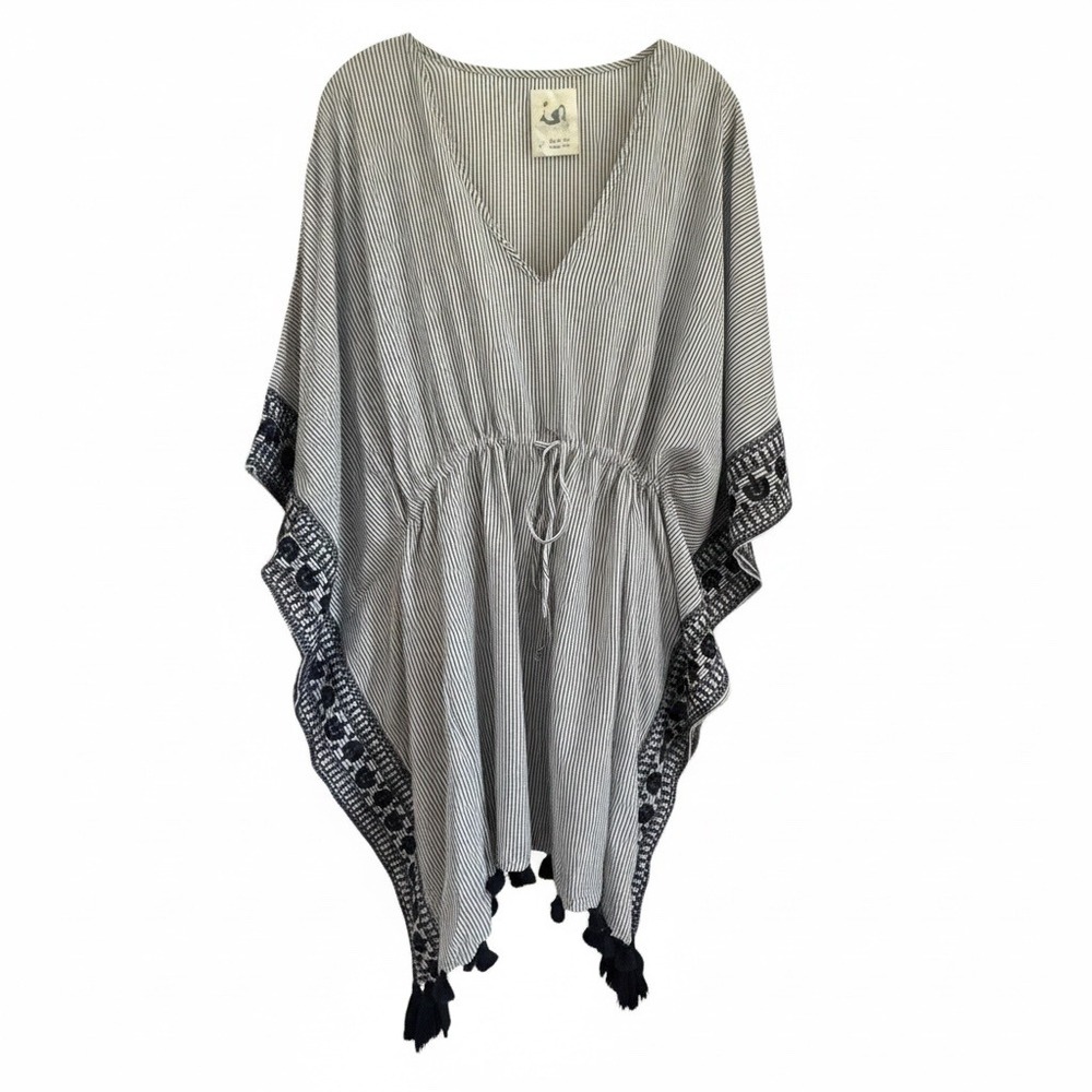 Anthropologie Kaftan Swim Coverup M/L Blue White Boho Beachwear Tassel Summer